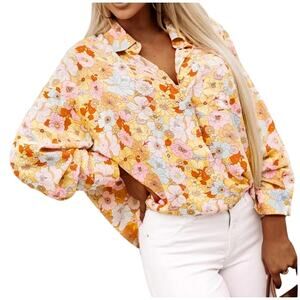 Karlie Women's Small Multicolor Floral Long Sleeve Button Up Collar Blouse